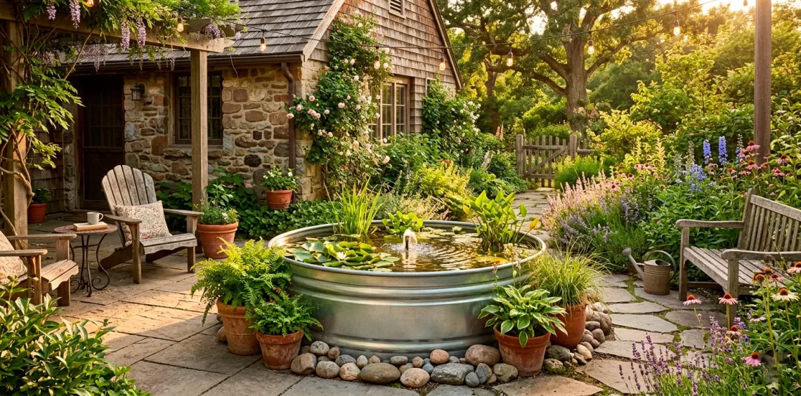 A beautiful DIY stock tank pond surrounded by lush plants and river rocks in a cozy backyard setting during golden hour.