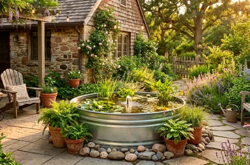 A beautiful DIY stock tank pond surrounded by lush plants and river rocks in a cozy backyard setting during golden hour.