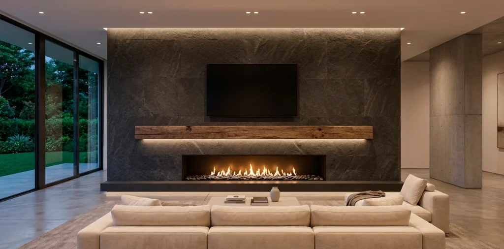 A luxury living room showing a TV safely mounted above a fireplace with a thick protective mantel.
