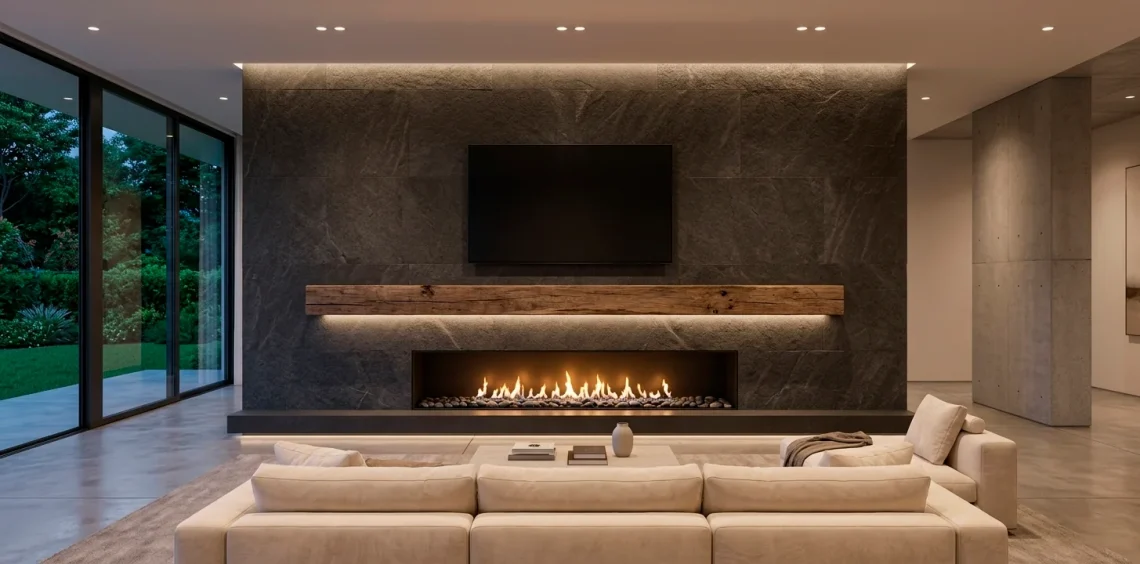 A luxury living room showing a TV safely mounted above a fireplace with a thick protective mantel.