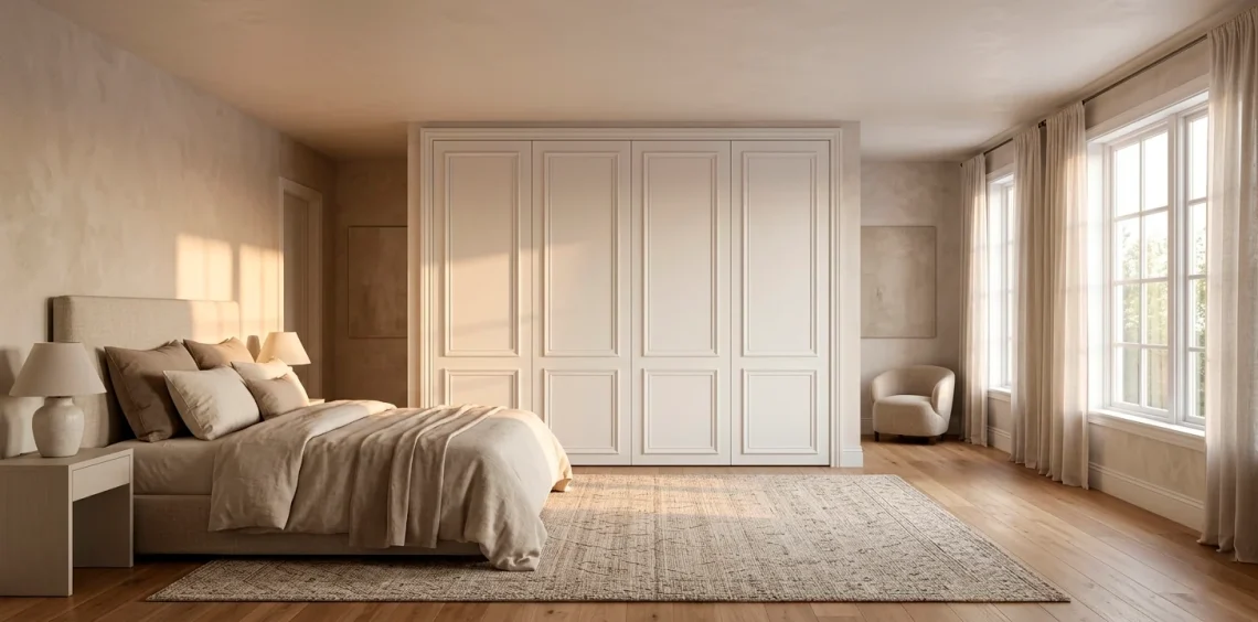 Wide panoramic view of a bedroom with elegant white picture frame molding on closet doors.