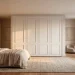 Wide panoramic view of a bedroom with elegant white picture frame molding on closet doors.