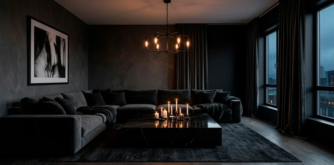Moody living room decor featuring a matte black accent wall charcoal velvet sofa and industrial lighting fixtures