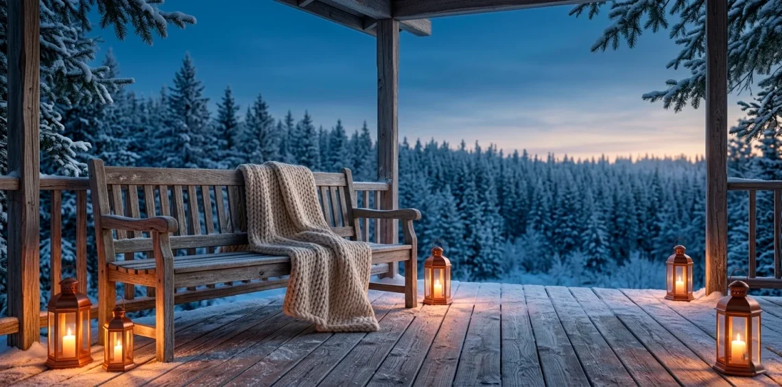 Weathered wood bench on a cozy winter porch with warm lanterns and a light dusting of snow.