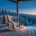 Weathered wood bench on a cozy winter porch with warm lanterns and a light dusting of snow.