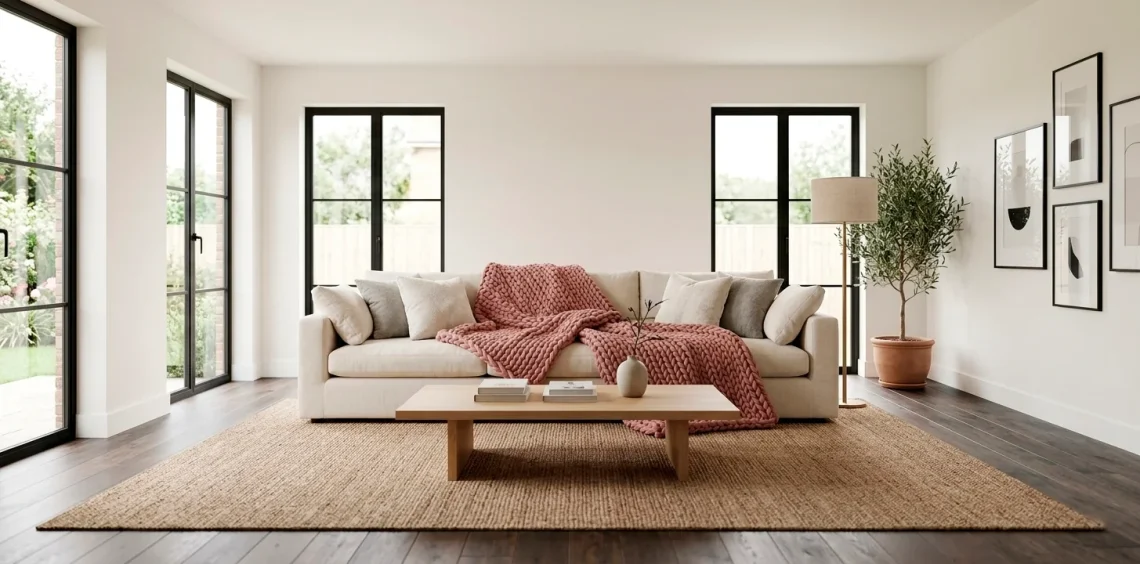A plush cream sofa styled with a chunky dusty rose knit throw blanket in a sunlit modern living room.