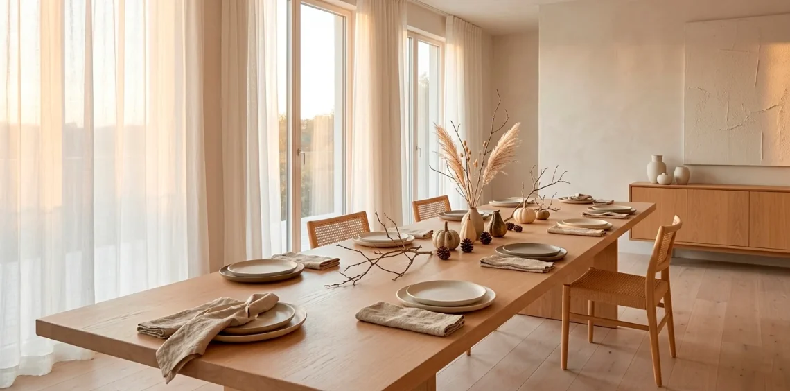 Wide 2:1 shot of a minimalist Japandi Thanksgiving table with natural wood, ceramics, and linen textures.