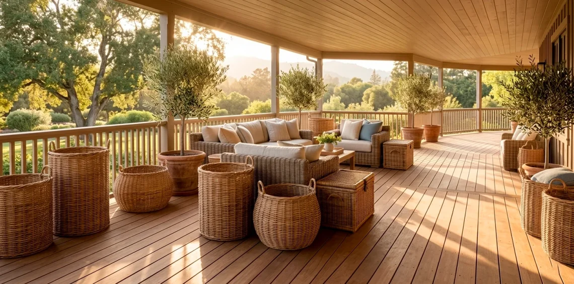 Wide 2:1 view of a luxury porch featuring oversized wicker baskets, warm golden hour light, and greenery.