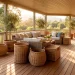 Wide 2:1 view of a luxury porch featuring oversized wicker baskets, warm golden hour light, and greenery.