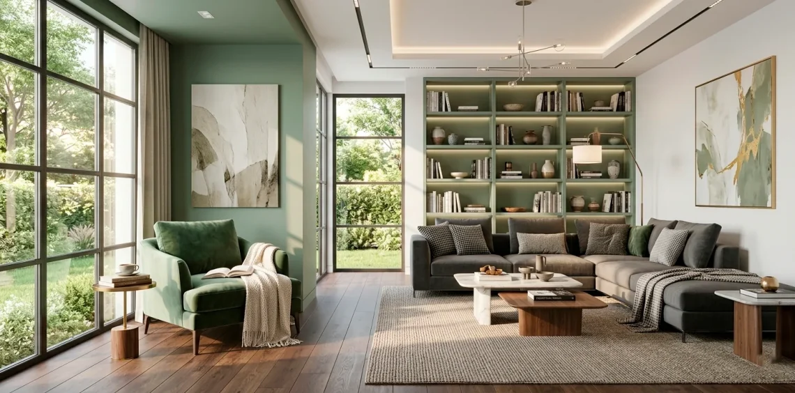 Wide landscape view of a sophisticated sage green reading nook in a modern luxury living room.