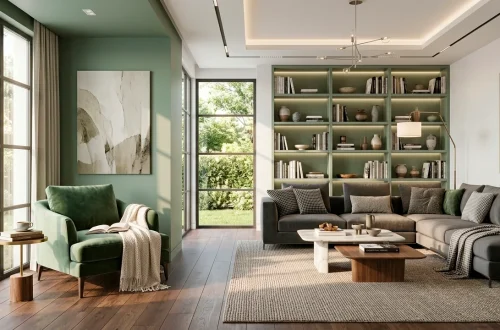 Wide landscape view of a sophisticated sage green reading nook in a modern luxury living room.