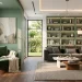 Wide landscape view of a sophisticated sage green reading nook in a modern luxury living room.