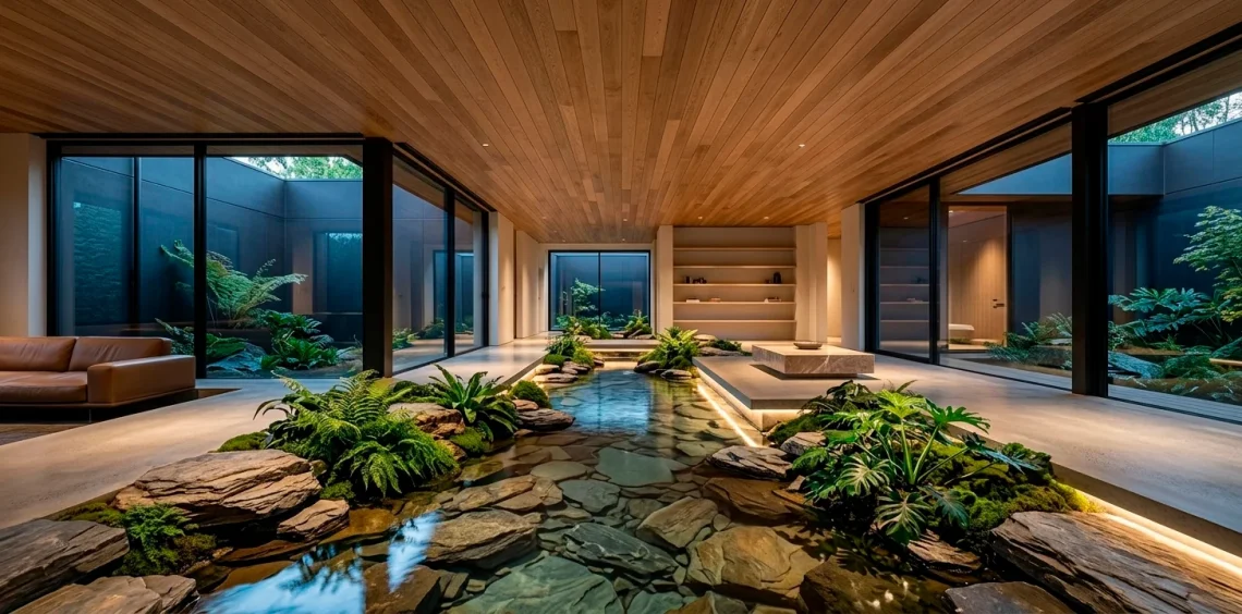 Luxury modern living room with a seamless integrated stone and water interior pond and indoor plants.