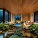 Luxury modern living room with a seamless integrated stone and water interior pond and indoor plants.