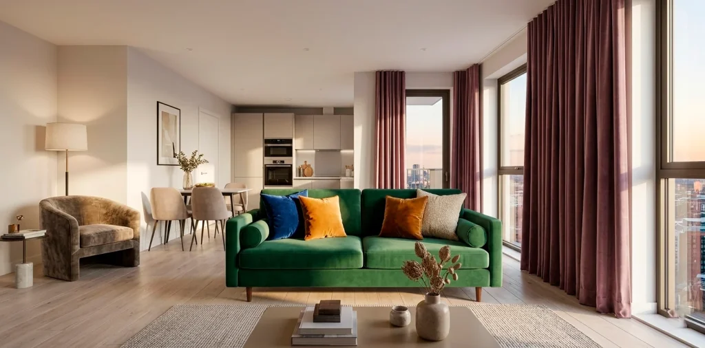Luxurious studio apartment featuring modern velvet furniture and rich textures in a sunlit interior.