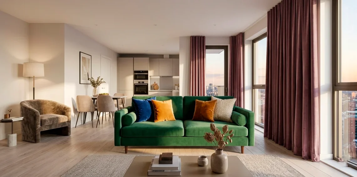 Luxurious studio apartment featuring modern velvet furniture and rich textures in a sunlit interior.
