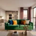 Luxurious studio apartment featuring modern velvet furniture and rich textures in a sunlit interior.