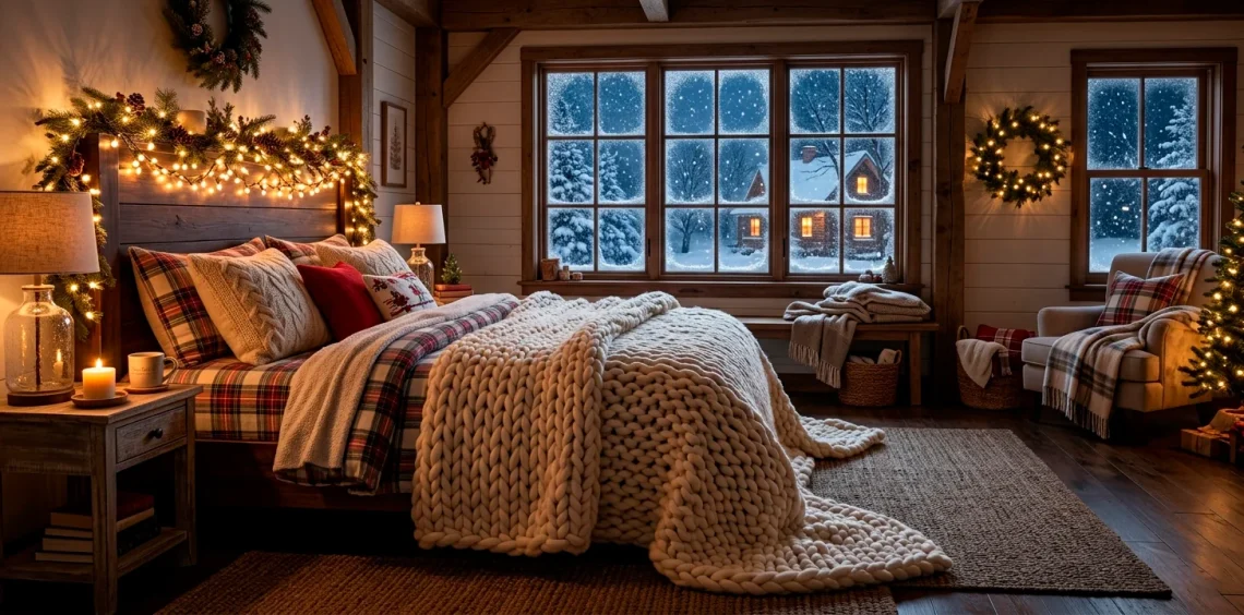 Cozy holiday bedroom featuring a massive cream chunky knit blanket draped across a bed with warm fairy lights.