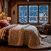 Cozy holiday bedroom featuring a massive cream chunky knit blanket draped across a bed with warm fairy lights.