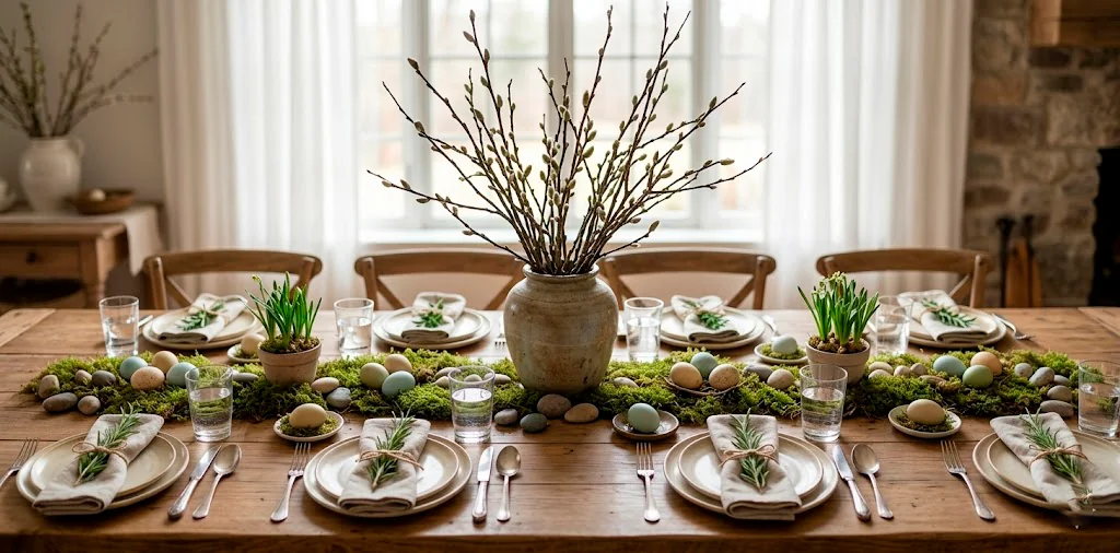 Sustainable Easter tablescape with moss runner, foraged branches, and linen napkins on a wooden table.