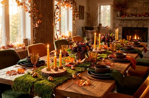 Enchanting woodland themed fall dining table decor with moss runner, glowing candles, and amber goblets.