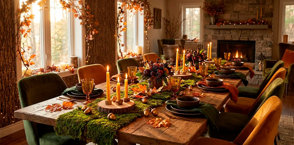 Enchanting woodland themed fall dining table decor with moss runner, glowing candles, and amber goblets.