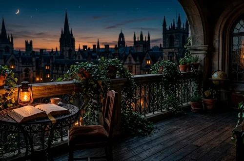 Moody Dark Academia balcony at twilight with vintage wrought iron furniture and amber lanterns