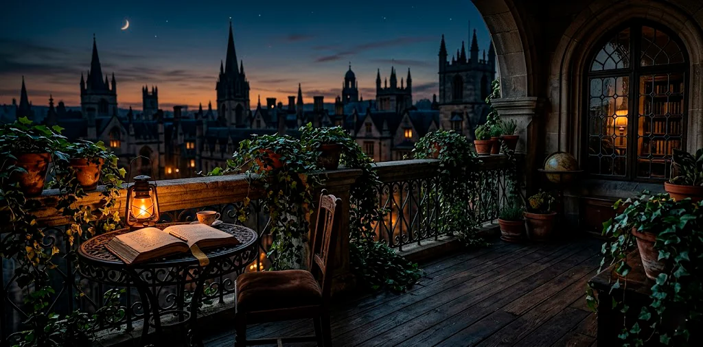 Moody Dark Academia balcony at twilight with vintage wrought iron furniture and amber lanterns