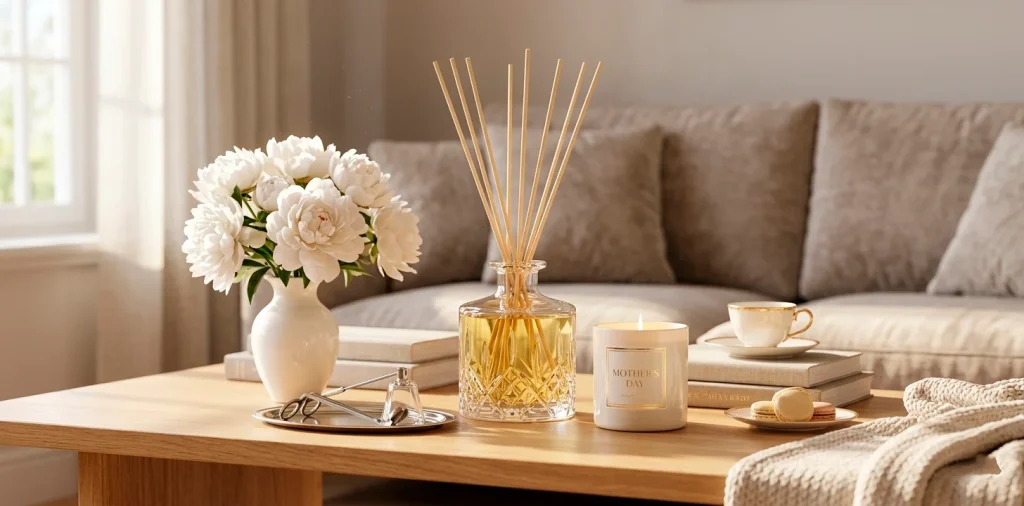 A luxurious Mother's Day gift display featuring high-end home fragrance sets, candles, and diffusers on a living room table.