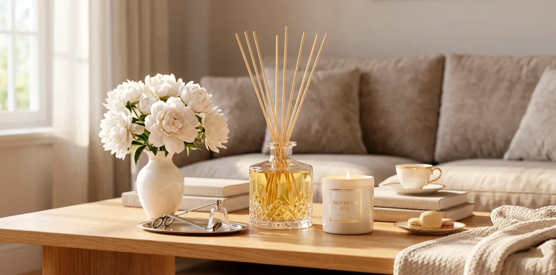 A luxurious Mother's Day gift display featuring high-end home fragrance sets, candles, and diffusers on a living room table.