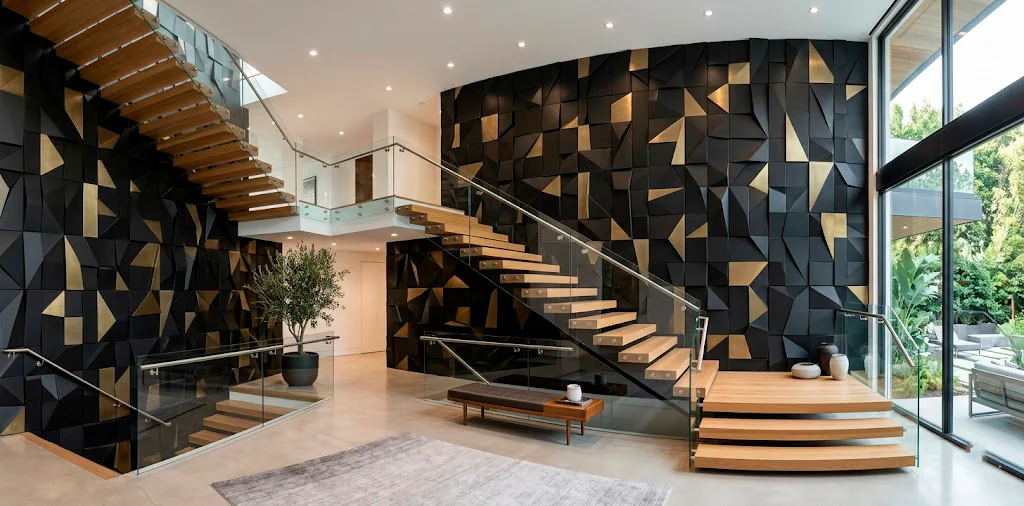 Wide view of modern staircase with black and brass 3D geometric wall tiles