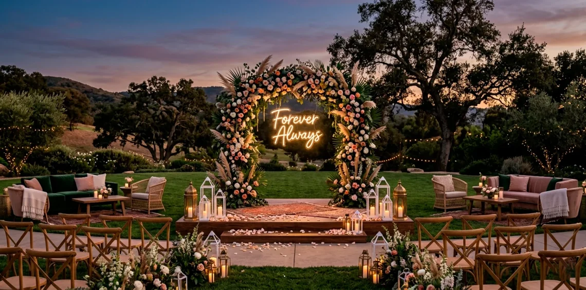 Wide view of a modern outdoor wedding stage decorated with lush florals and a glowing neon sign at dusk