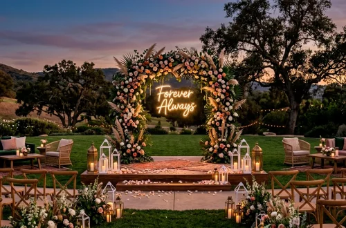 Wide view of a modern outdoor wedding stage decorated with lush florals and a glowing neon sign at dusk