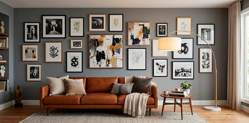 Wide horizontal view of a sophisticated living room with a long modular gallery wall and leather sofa.