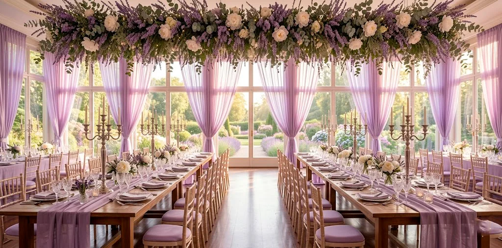 Luxurious wedding reception hall decorated with soft lavender drapes and sage green floral arrangements.