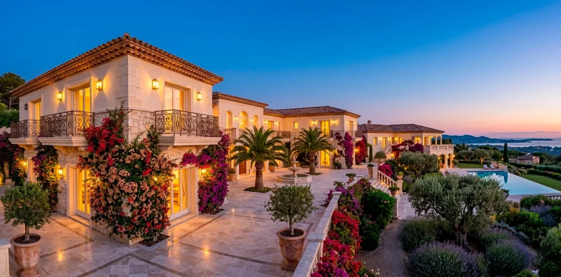 Luxurious Mediterranean villa with multiple ornate wrought iron balconies and warm architectural lighting.