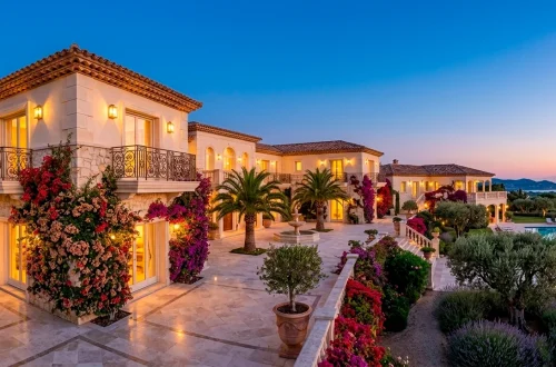 Luxurious Mediterranean villa with multiple ornate wrought iron balconies and warm architectural lighting.