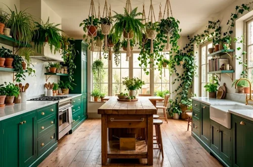 Lush botanical green kitchen with emerald cabinets, marble counters, and many indoor plants in natural sunlight.