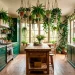Lush botanical green kitchen with emerald cabinets, marble counters, and many indoor plants in natural sunlight.