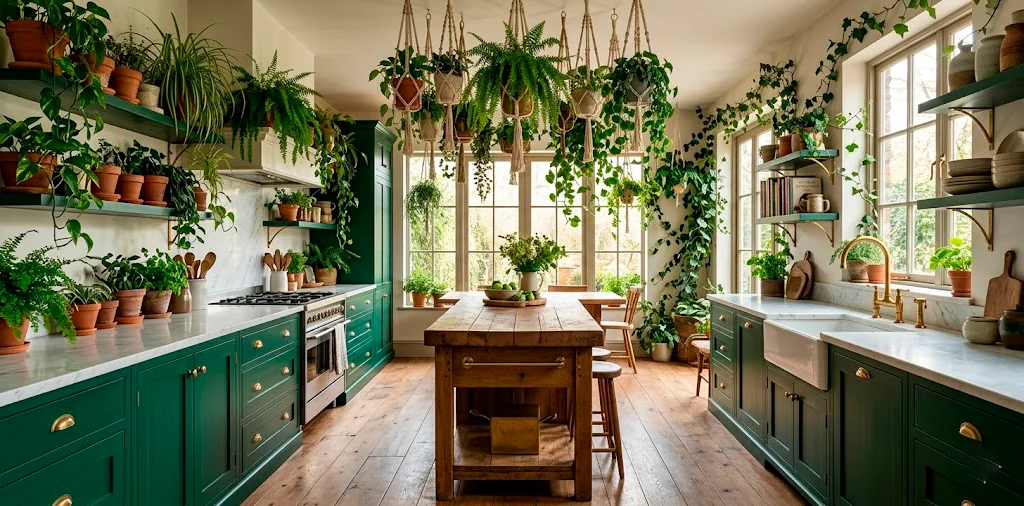 Lush botanical green kitchen with emerald cabinets, marble counters, and many indoor plants in natural sunlight.