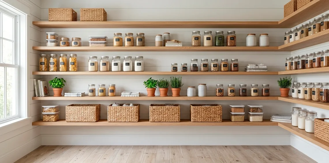 Small pantry organized with natural oak floating shelves and clear glass storage jars.