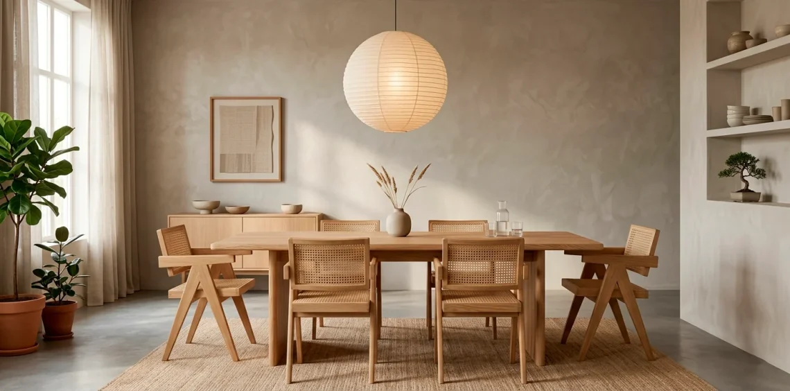 Serene Japandi style dining room featuring a light oak table, rattan chairs, and a washi paper pendant light