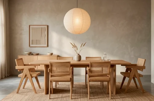 Serene Japandi style dining room featuring a light oak table, rattan chairs, and a washi paper pendant light