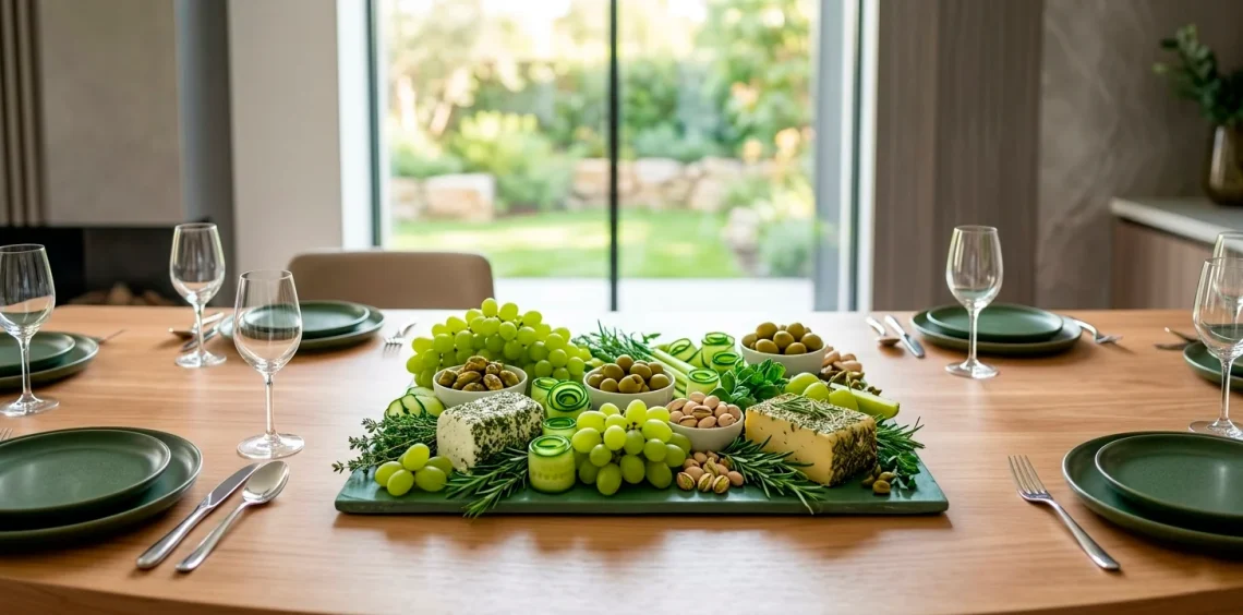 A beautifully styled green charcuterie board with fresh grapes and herb cheeses on a modern dining table.
