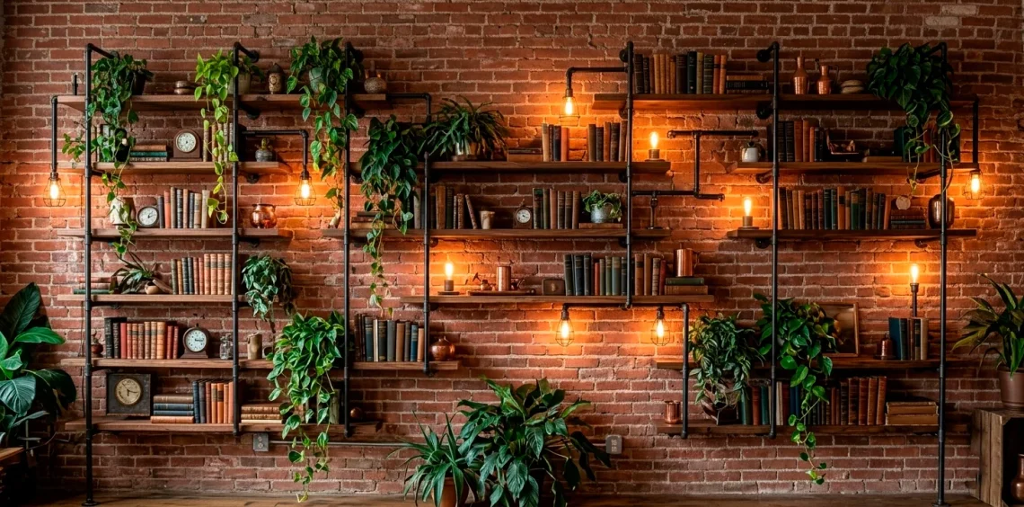 Wide view of industrial pipe shelving on a red brick wall in a modern urban loft interior