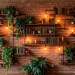 Wide view of industrial pipe shelving on a red brick wall in a modern urban loft interior