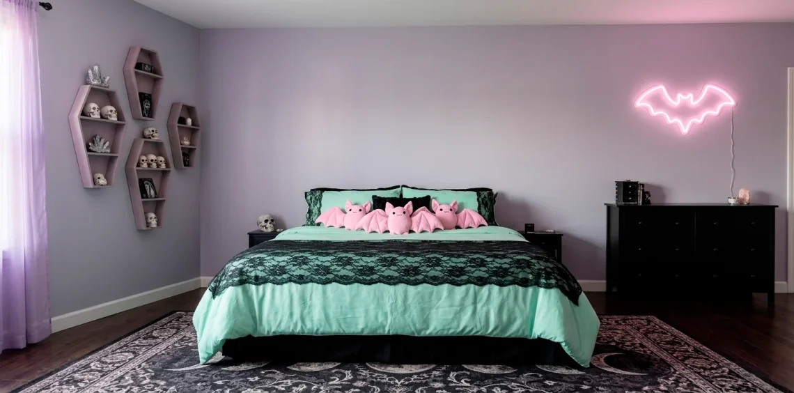 A dreamy pastel goth bedroom featuring lavender walls, pink neon bat lights, and black lace bedding.