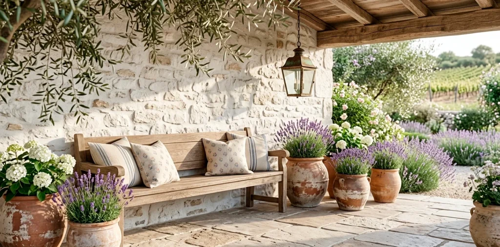 Elegant French Country spring porch decor with a weathered wood bench and blooming lavender pots under morning light.