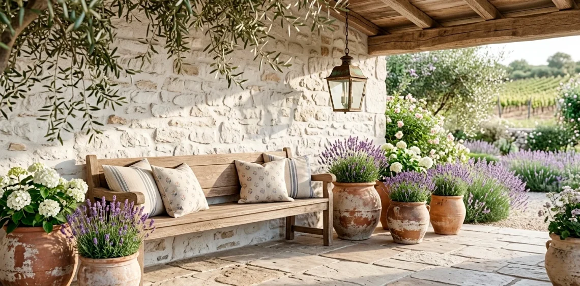 Elegant French Country spring porch decor with a weathered wood bench and blooming lavender pots under morning light.