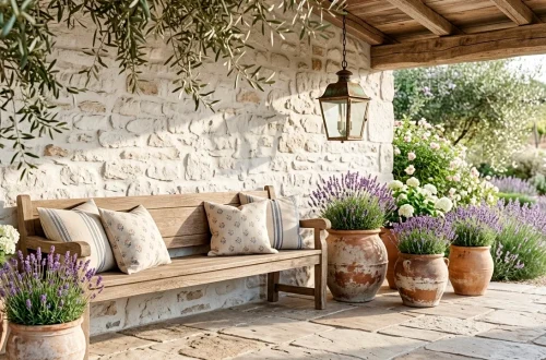 Elegant French Country spring porch decor with a weathered wood bench and blooming lavender pots under morning light.